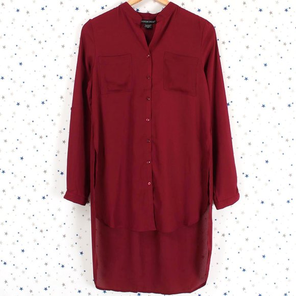 Woven Chiffon Button Up Hi Lo Blouse Shirt Burgundy - Picture 1 of 8